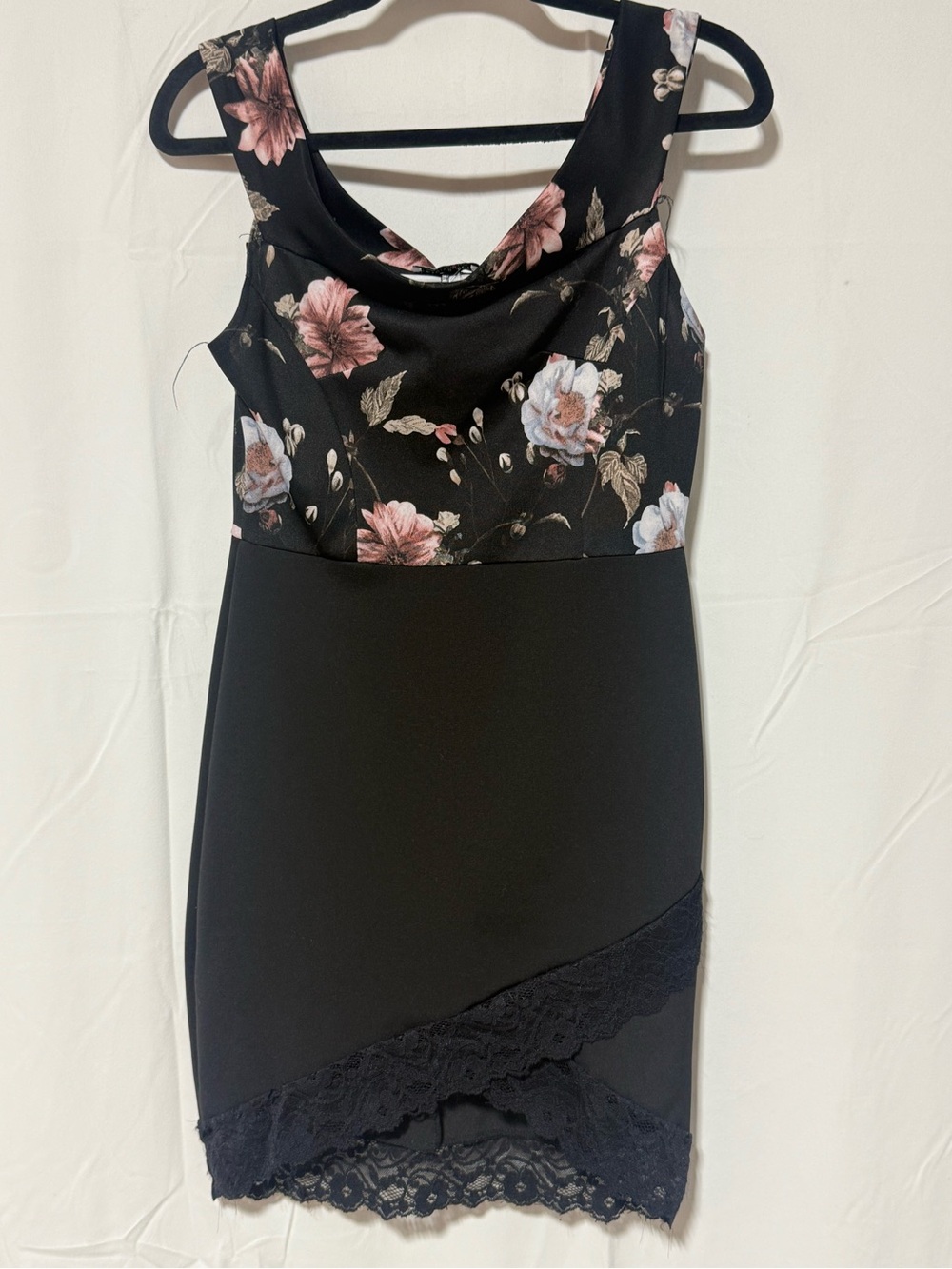 Fashion Nova Black Floral Bodycon Dress with Soft Pink Accents
